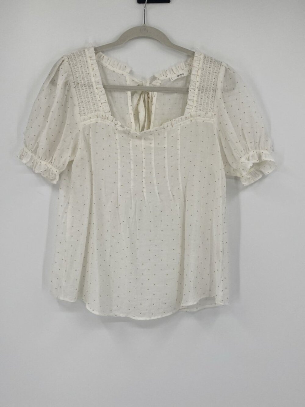 MINE Women’s Size M White Embroidered Dot Blouse Ruffle Pintuck Bow Tie Smocked